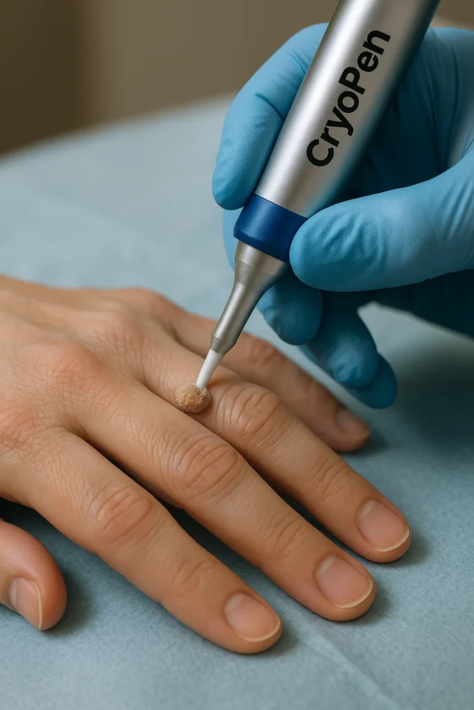 Clinician using CryoPen to treat a wart on a patient's finger