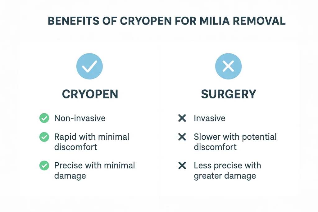 Benefits of cryopen for milia removal Greater London (Hackney) compared to surgical treatments.