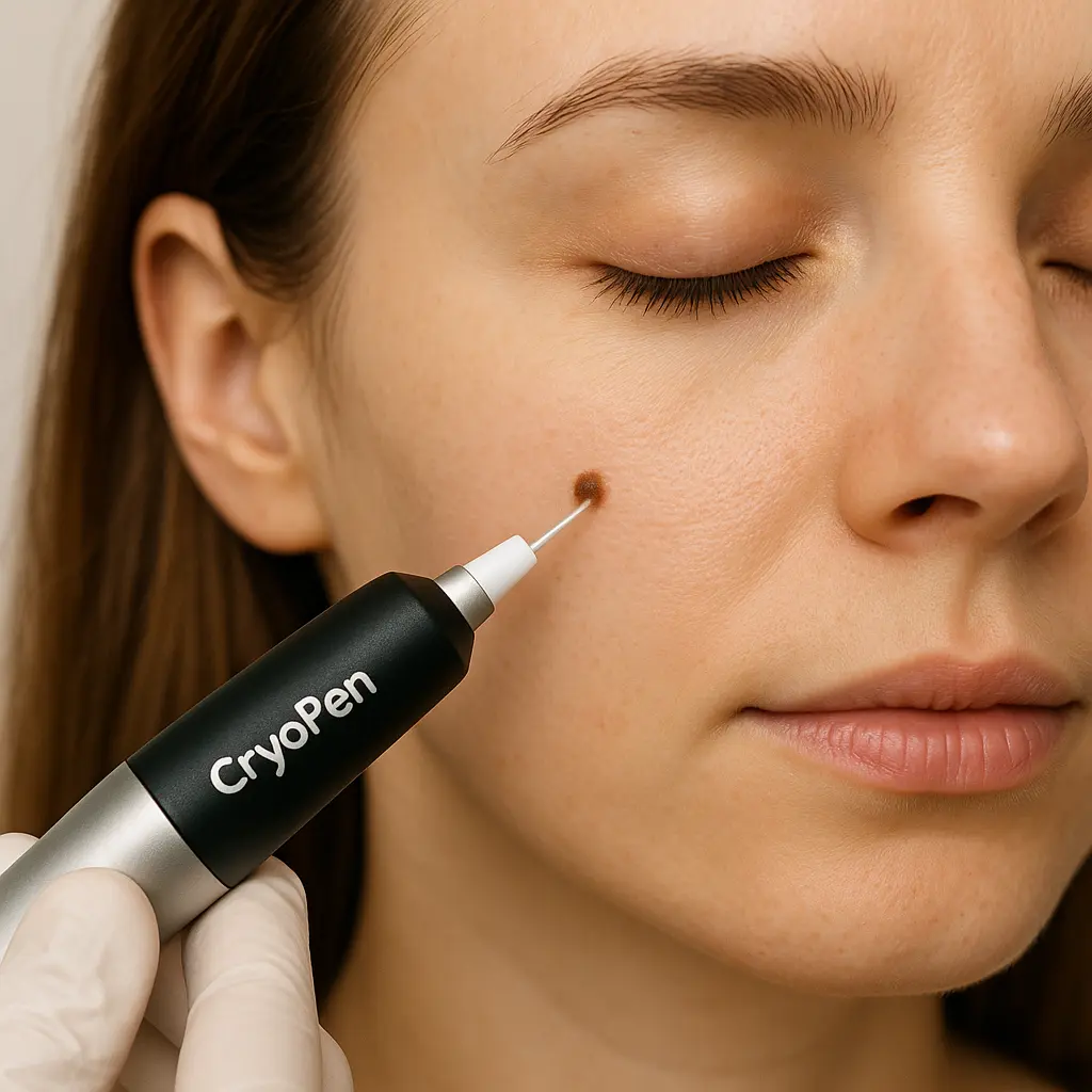 woman receiving facial mole removal Greater London (Hackney) using cryopen