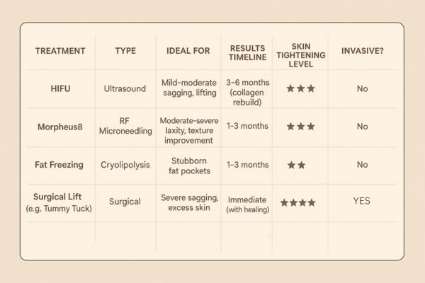 Table showing the comparisons of Skin tightening Greater London (Hackney) treatment options.